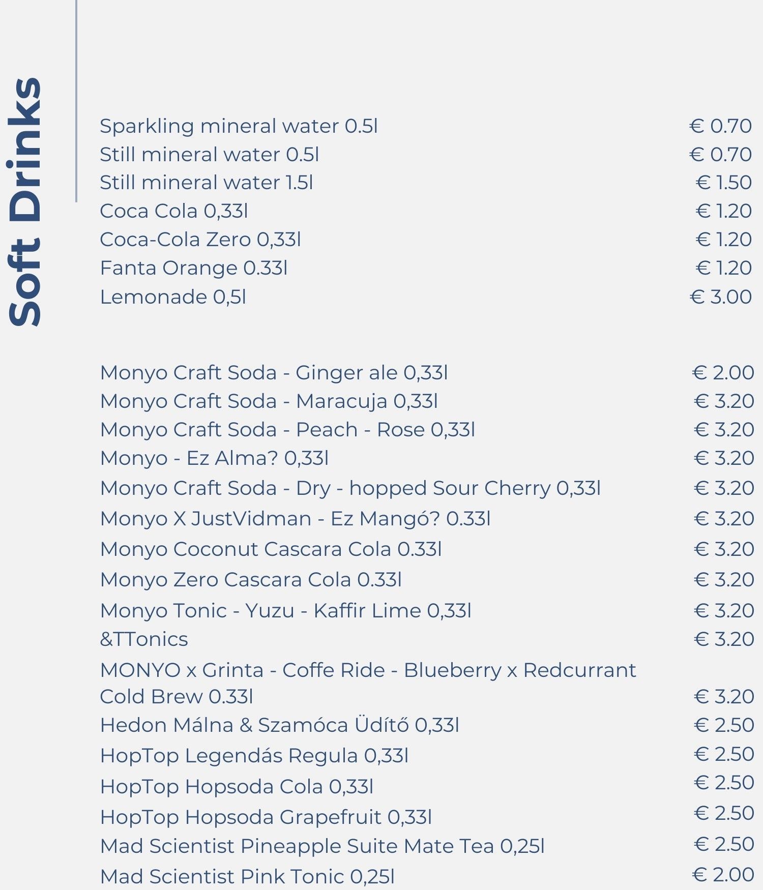A list of soft drinks including coca cola and lemonade