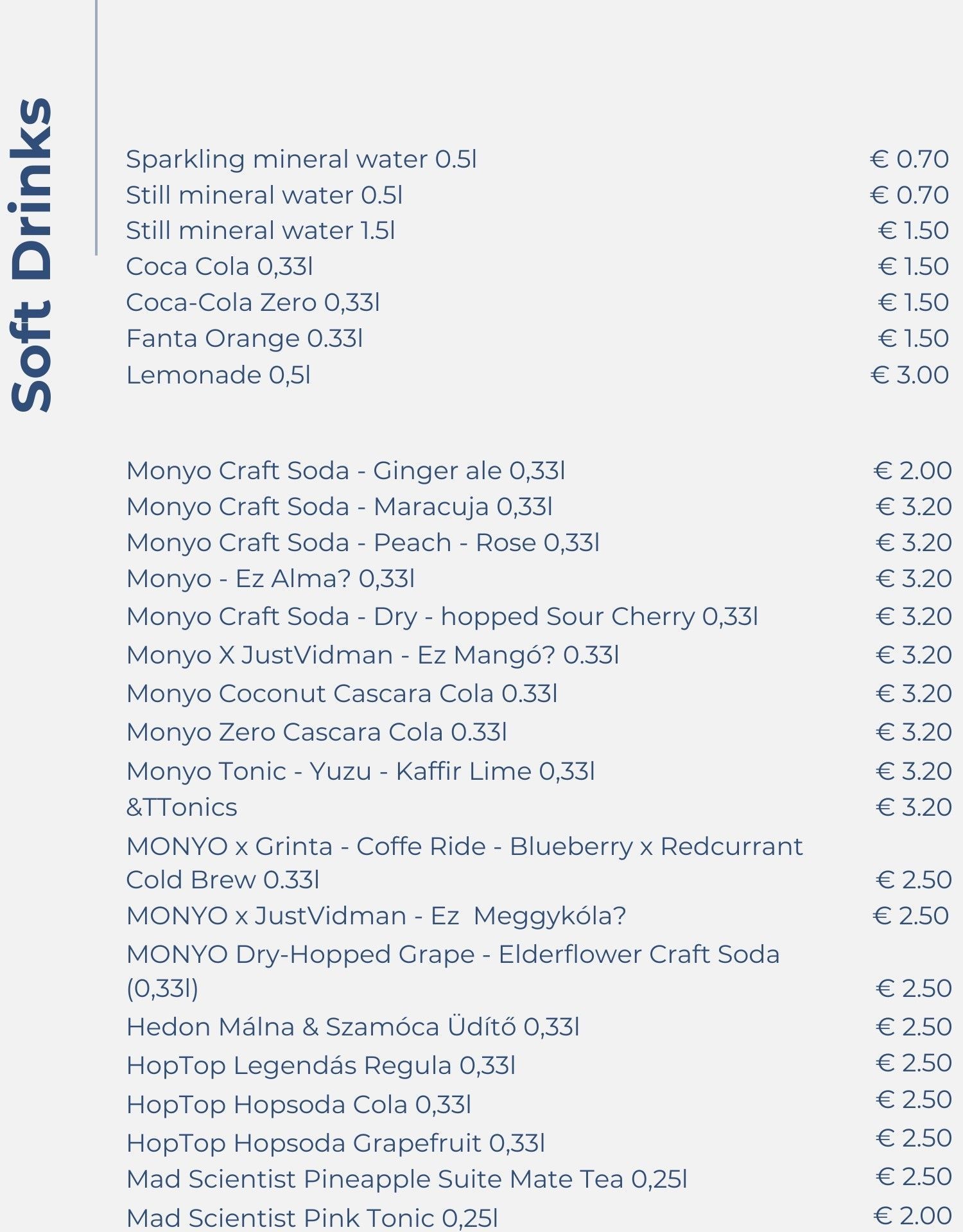 A list of soft drinks including coca cola and lemonade