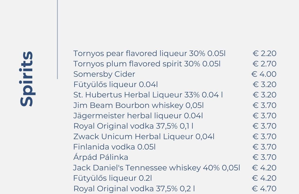 Menu listing spirits with prices, including liqueurs, whiskey, vodka, and cider.