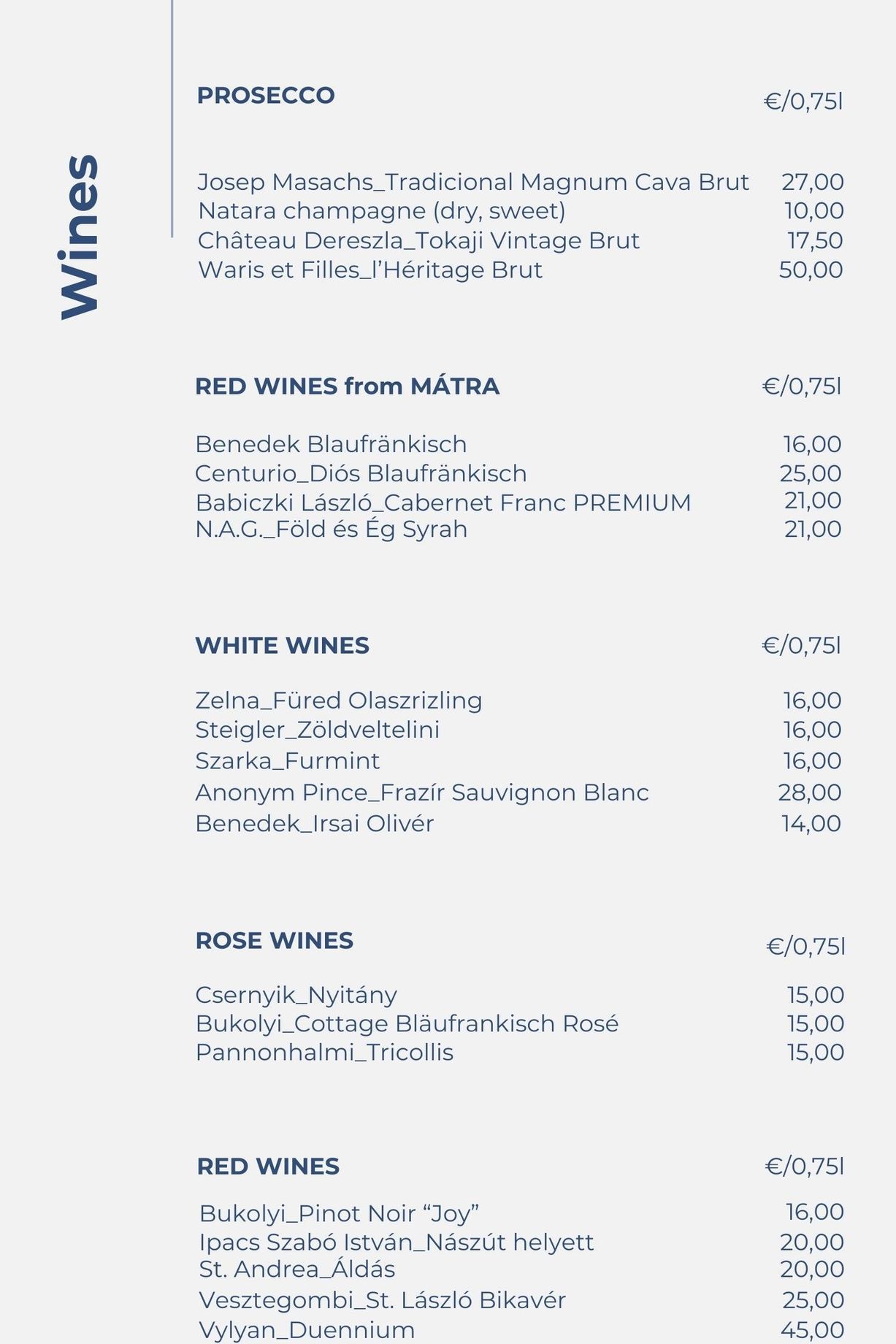 Wine menu with Prosecco, Red Wines, White Wines, Dessert Wines, and Spirits.