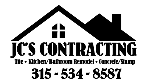 Logo for JC's Contracting featuring a house silhouette and contact information, including tile, remodel, and concrete services.