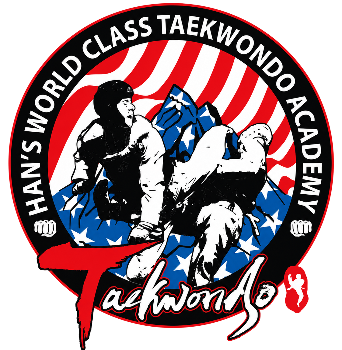 Bethpage Kickboxing Academy logo: blue triangle, white kickboxer, crossed sticks, and praying hands