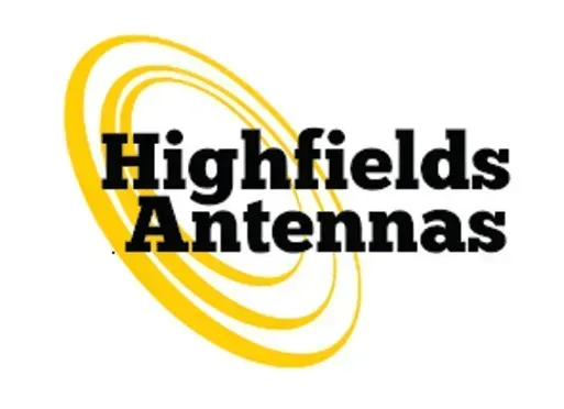 A yellow and black logo for highfields antennas