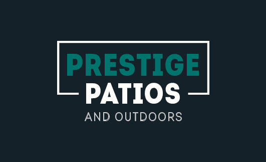 The logo for prestige patios and outdoors is on a black background.