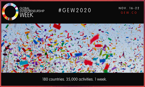 A poster for global entrepreneurship week with confetti falling from the sky