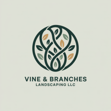 Logo for Vine & Branches Landscaping: a green and tan intertwined vine design inside a circle.