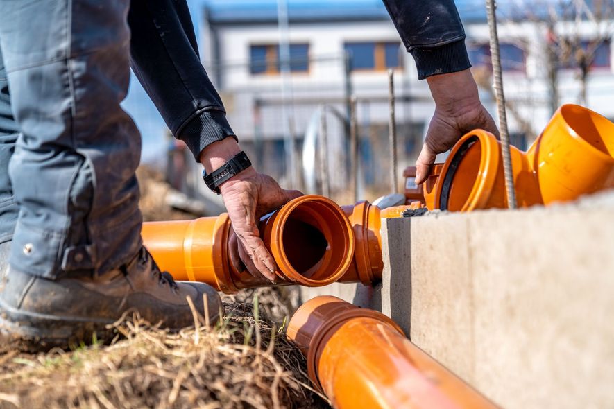 Hands installing orange plastic drainage pipes next to a concrete foundation outdoors.
