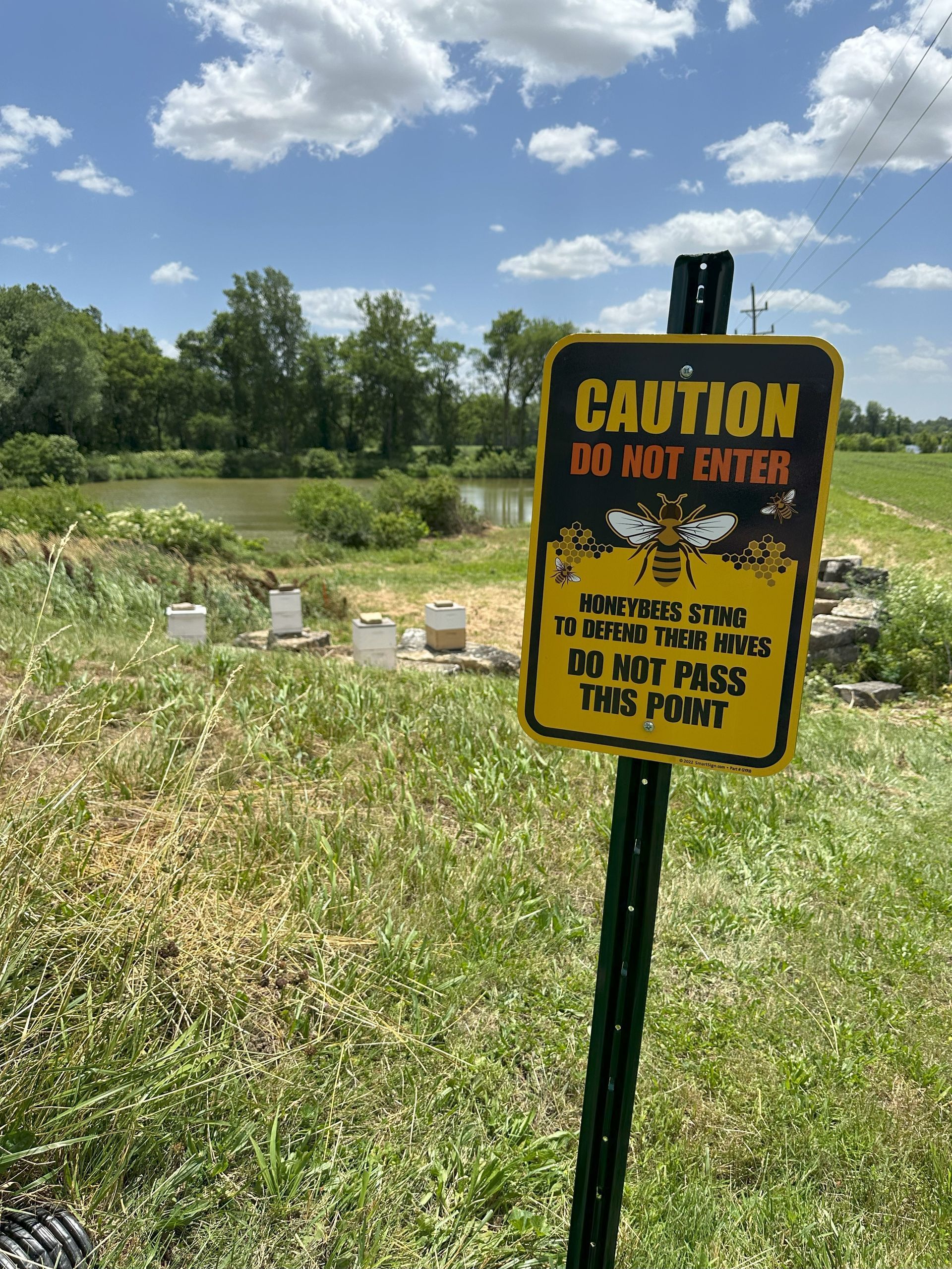 A photo showing a warning sign and the beehives that were recently installed at the Force offices in Columbus, IN