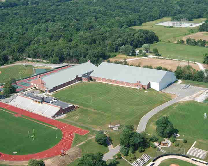 An aerial photo of the DePauw track and tennis facility in Greencastle, IN