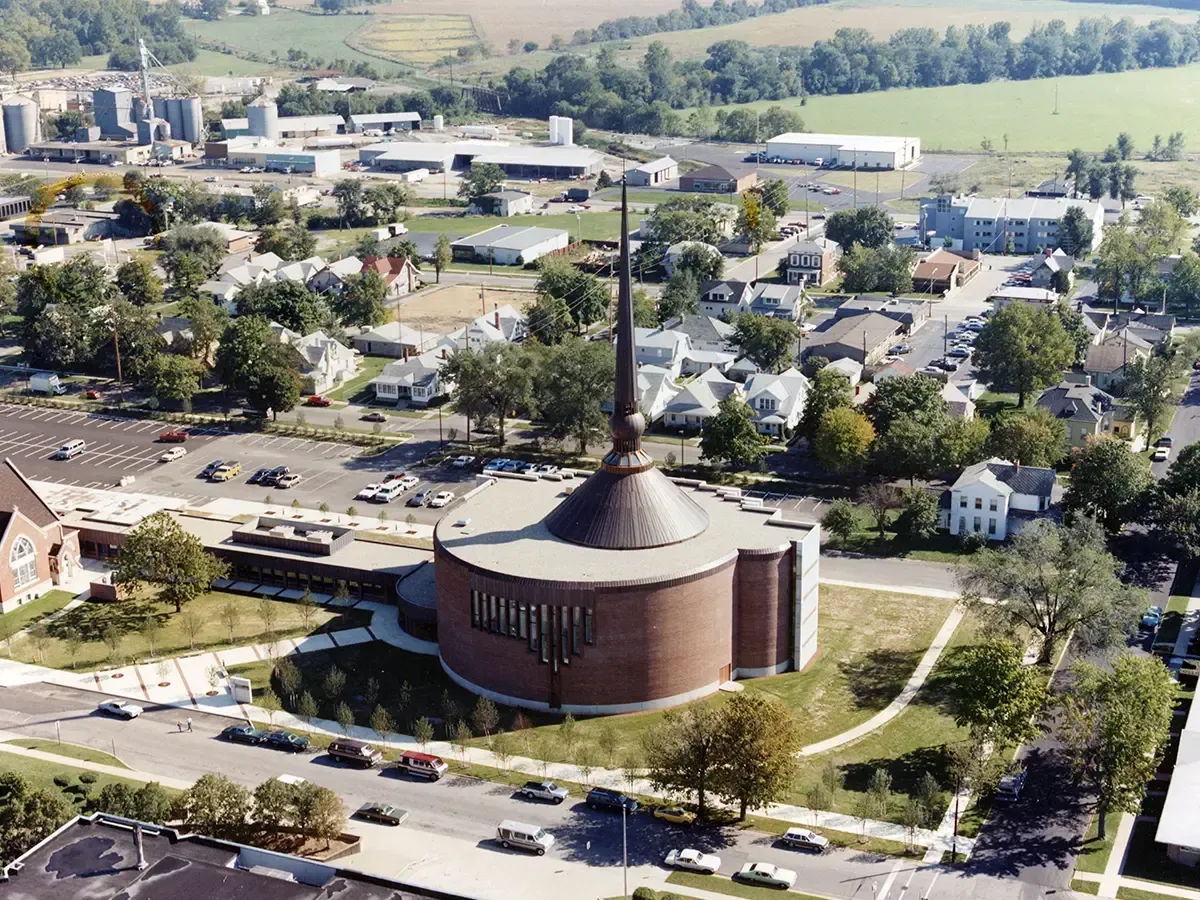 An aeriel view of St. Peter's Church in Columbus, IN