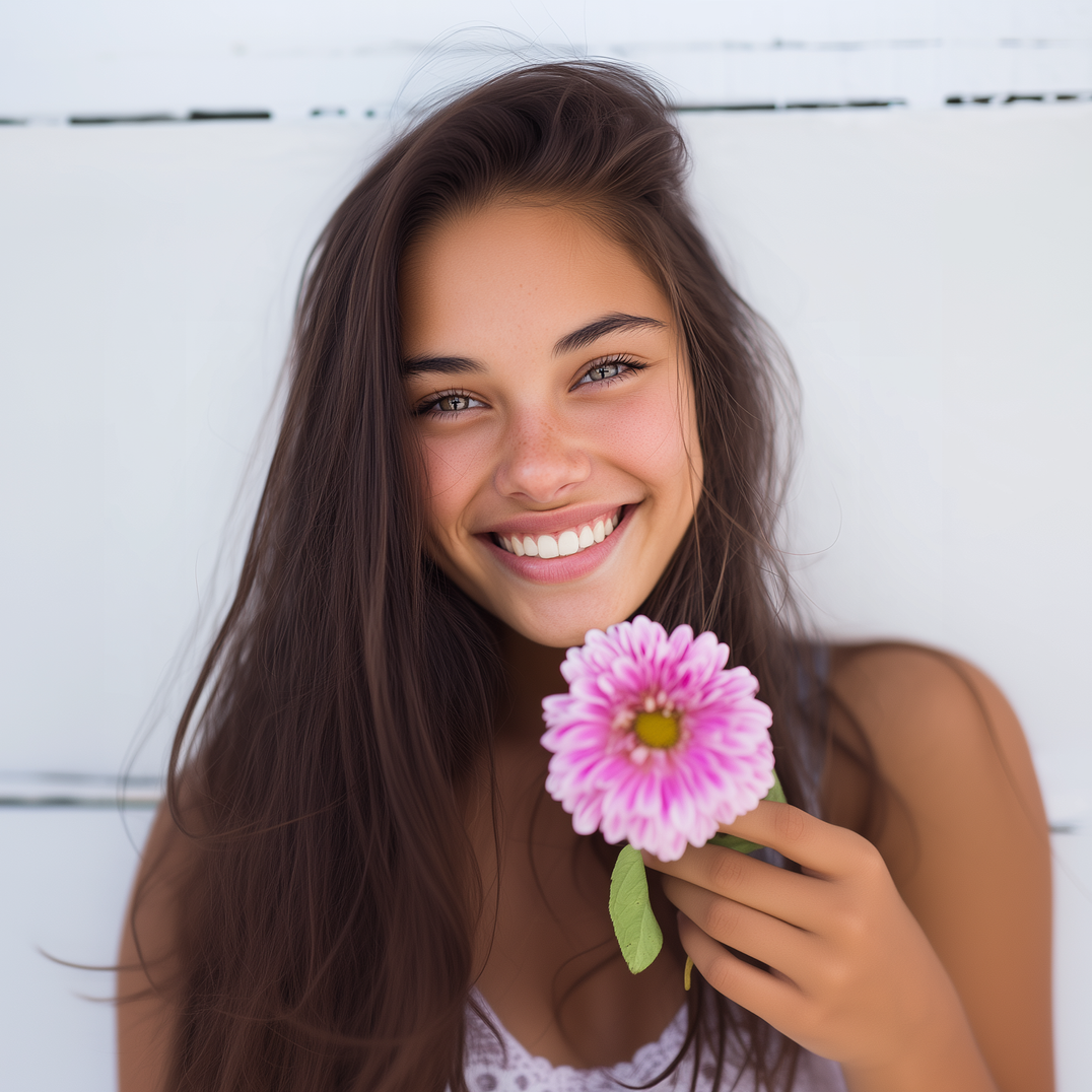 Woman with long brown hair, smiling, holding a pink flower, white background.