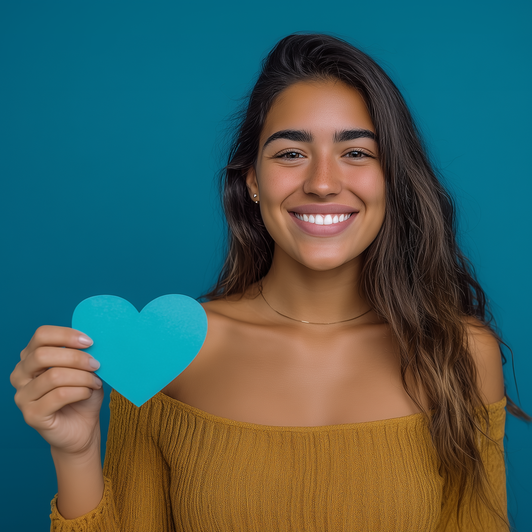 Woman smiling, holding a blue heart cutout against a teal background.