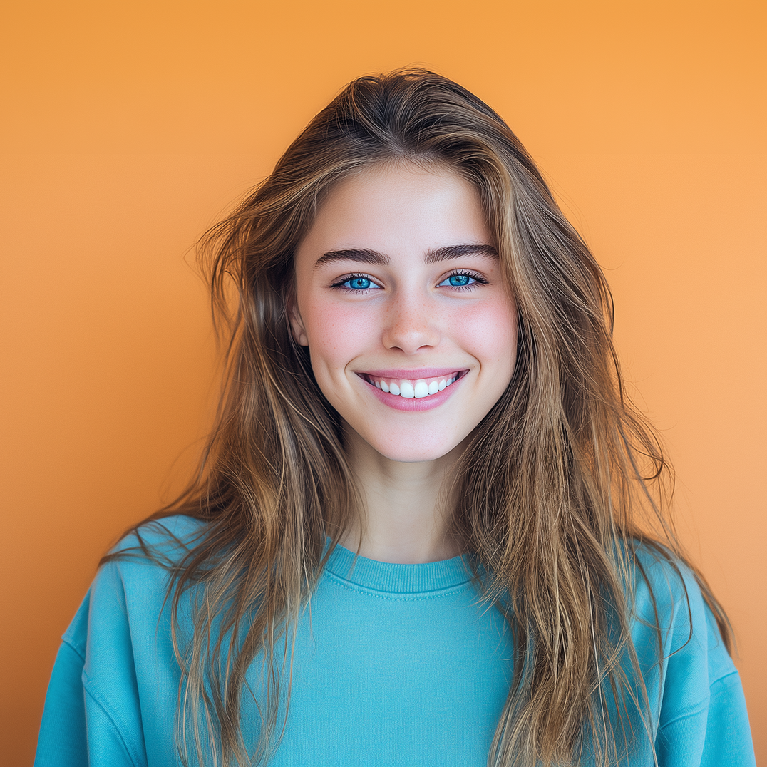 Woman with long brown hair, bright blue eyes, and large smile, wearing a turquoise shirt in front of an orange background.