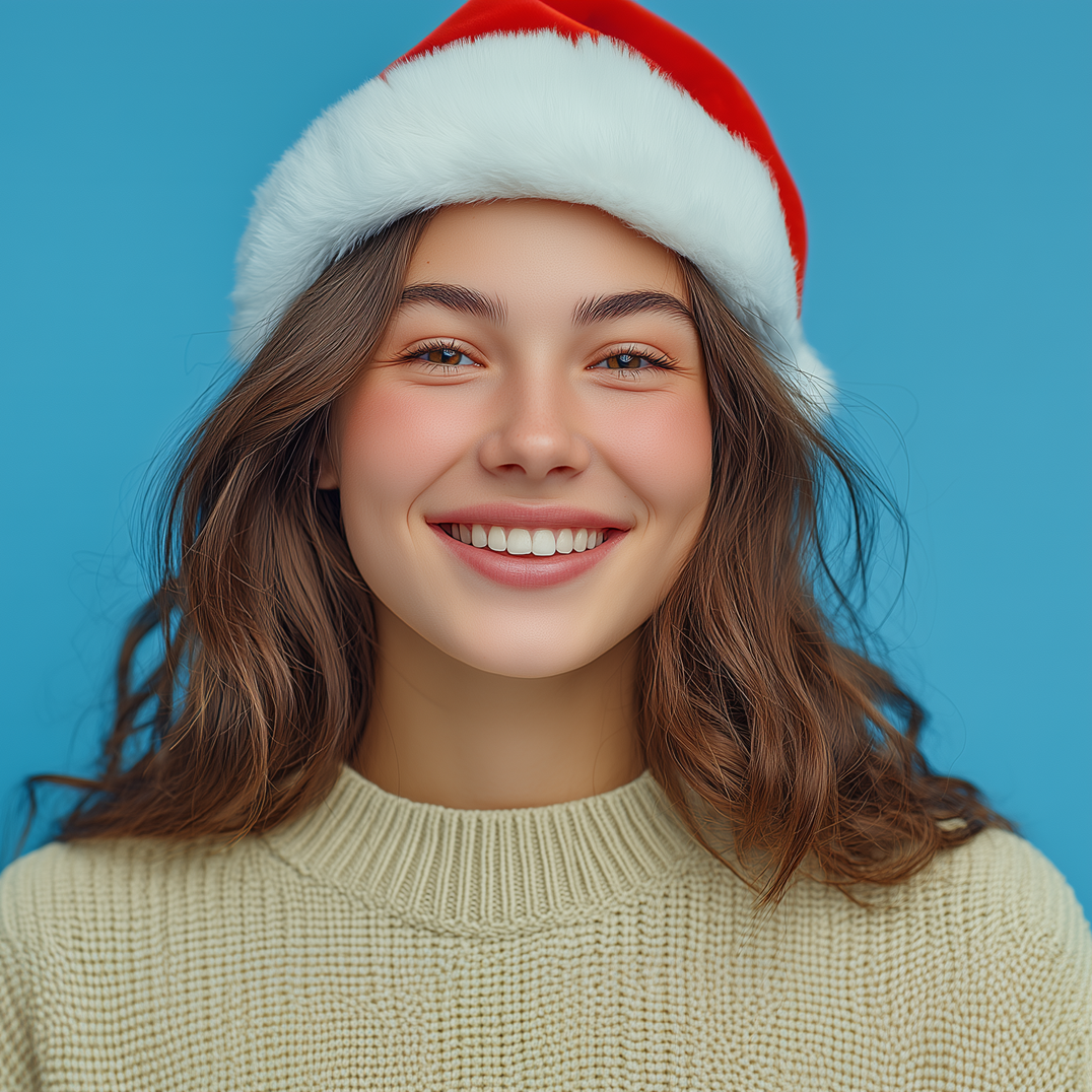 Woman smiling, wearing a Santa hat and beige sweater, against a blue background.
