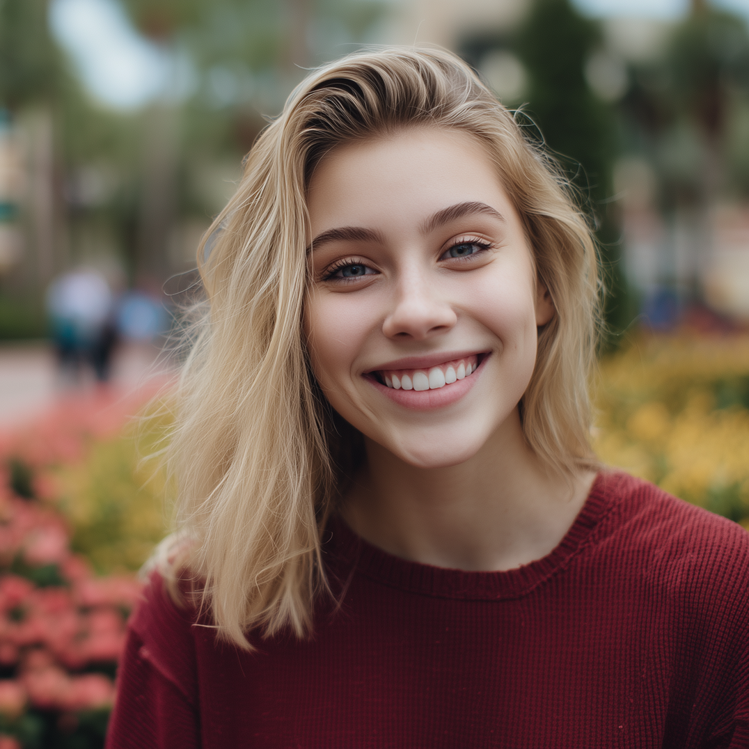 A smiling individual with shoulder-length blonde hair, wearing a dark red sweater in a garden setting.
