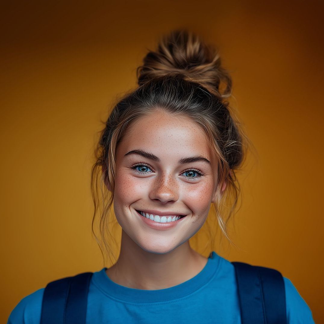 Young woman with freckles smiles at the camera. She has her hair in a bun and is wearing a blue shirt and a backpack, against an orange backdrop.