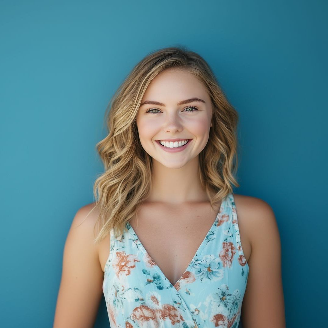 A woman in a floral dress is smiling in front of a blue wall.