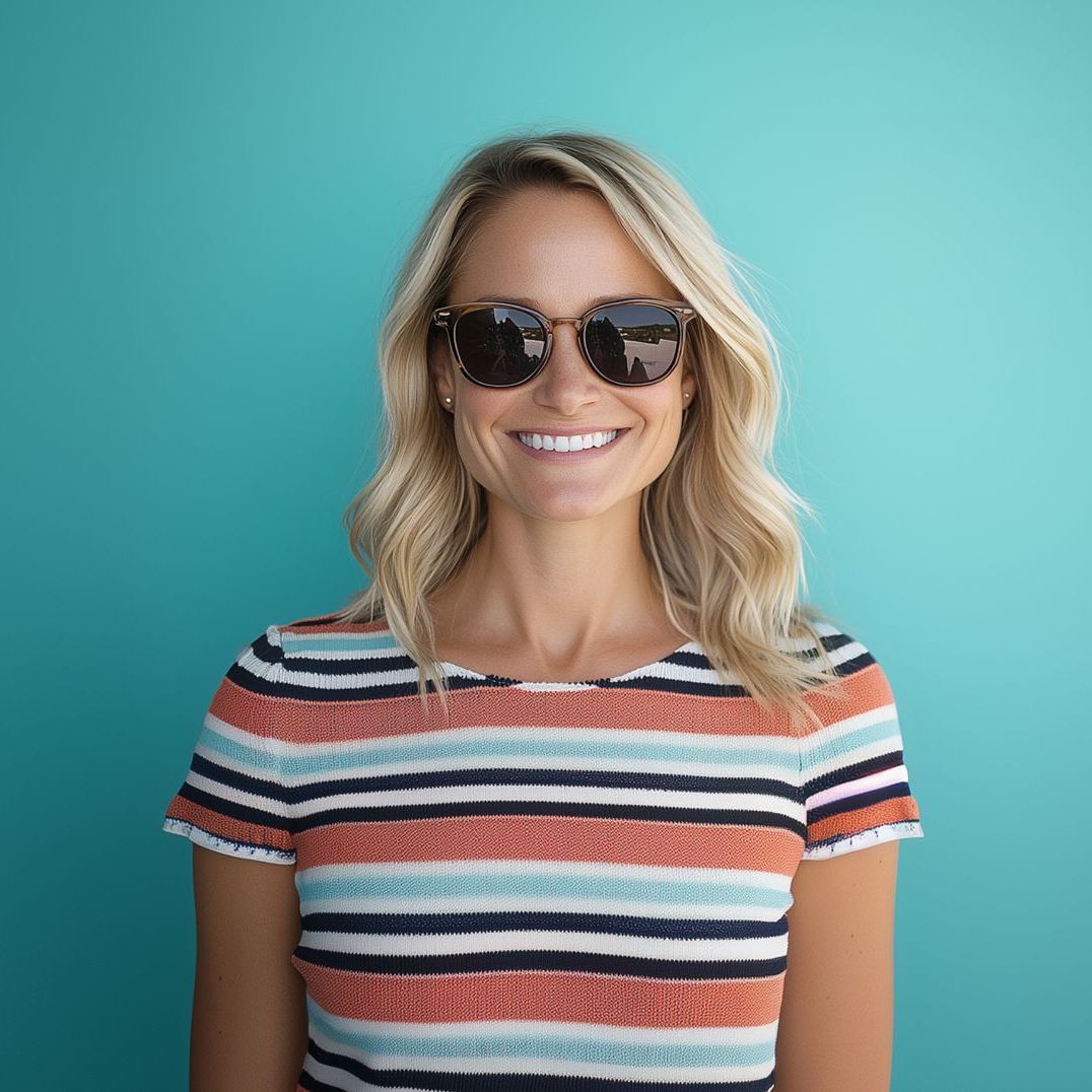 A woman wearing sunglasses and a striped shirt is smiling.