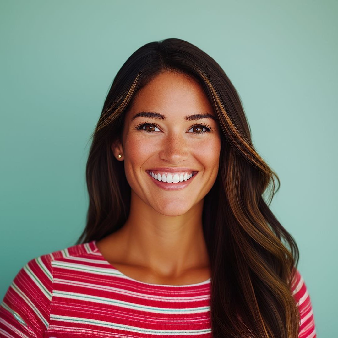 A woman in a pink and white striped shirt is smiling