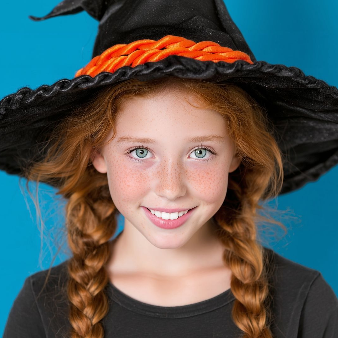 Girl with red braids smiles, wearing a black witch hat with orange trim, blue background.