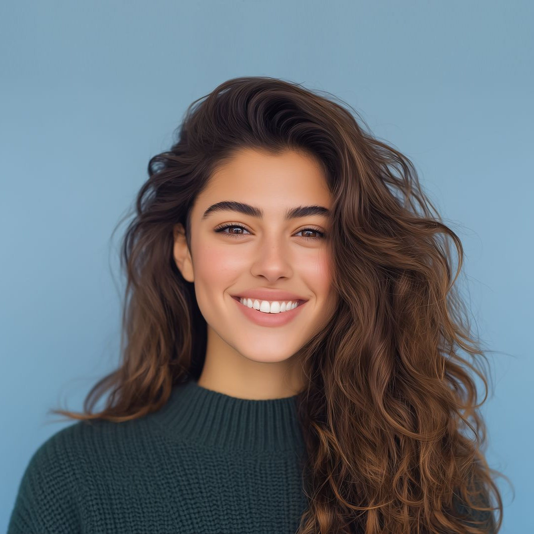 Woman with long brown wavy hair smiles at the camera, blue background.