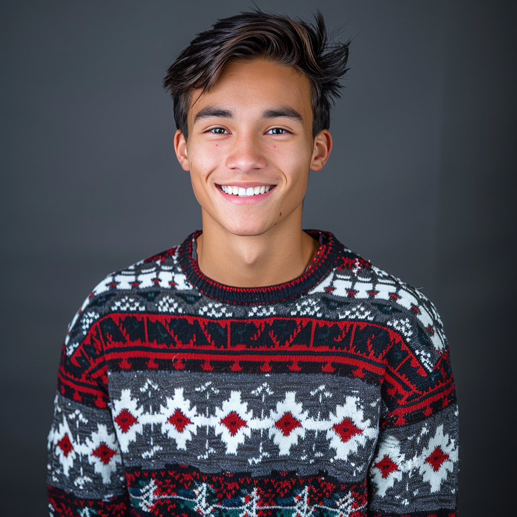 A young man wearing a sweater is smiling for the camera.