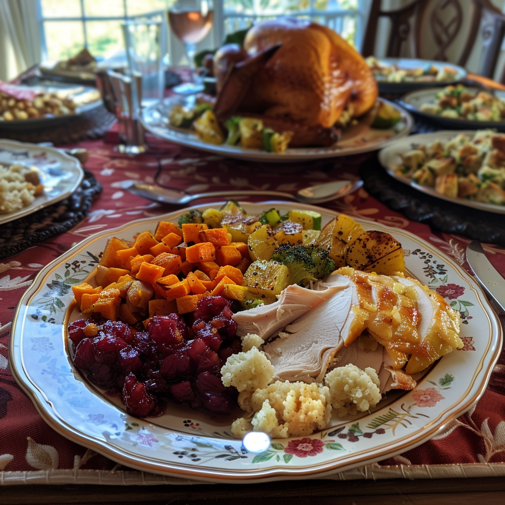 A plate of food on a table with a turkey in the background