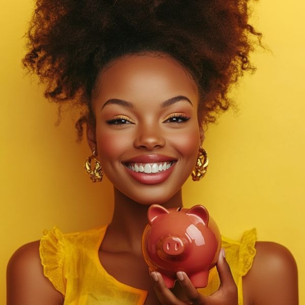 A woman is holding a piggy bank and smiling.