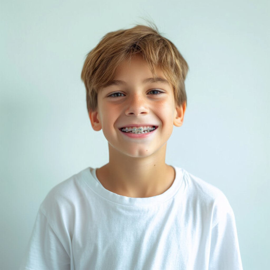 Boy with brown hair and braces, wearing a white t-shirt, smiles brightly against a white background.