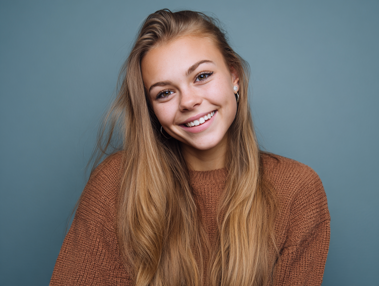 Smiling person with long light brown hair wearing a brown sweater against a blue-gray background
