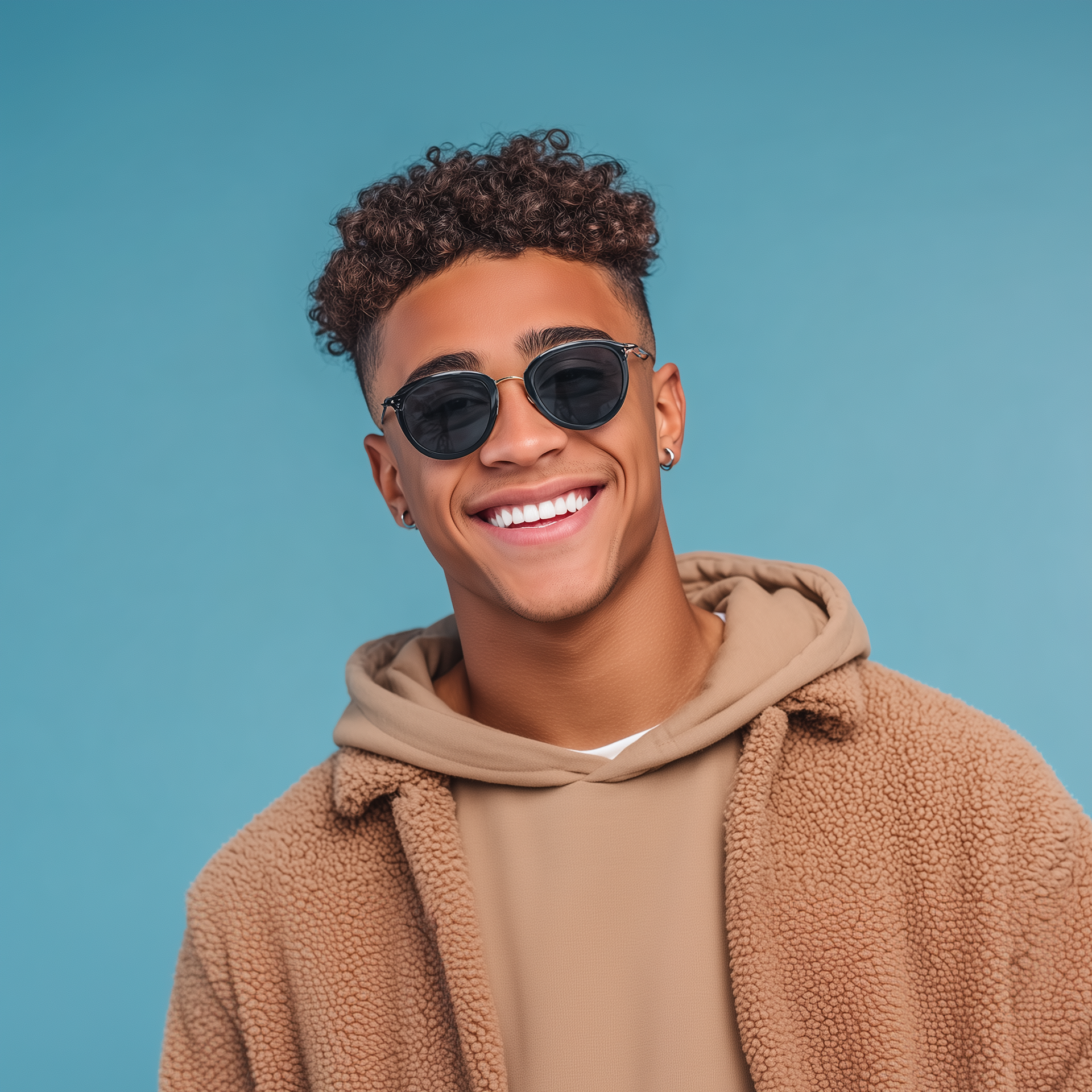 Person wearing sunglasses and smiling, in front of a blue background.