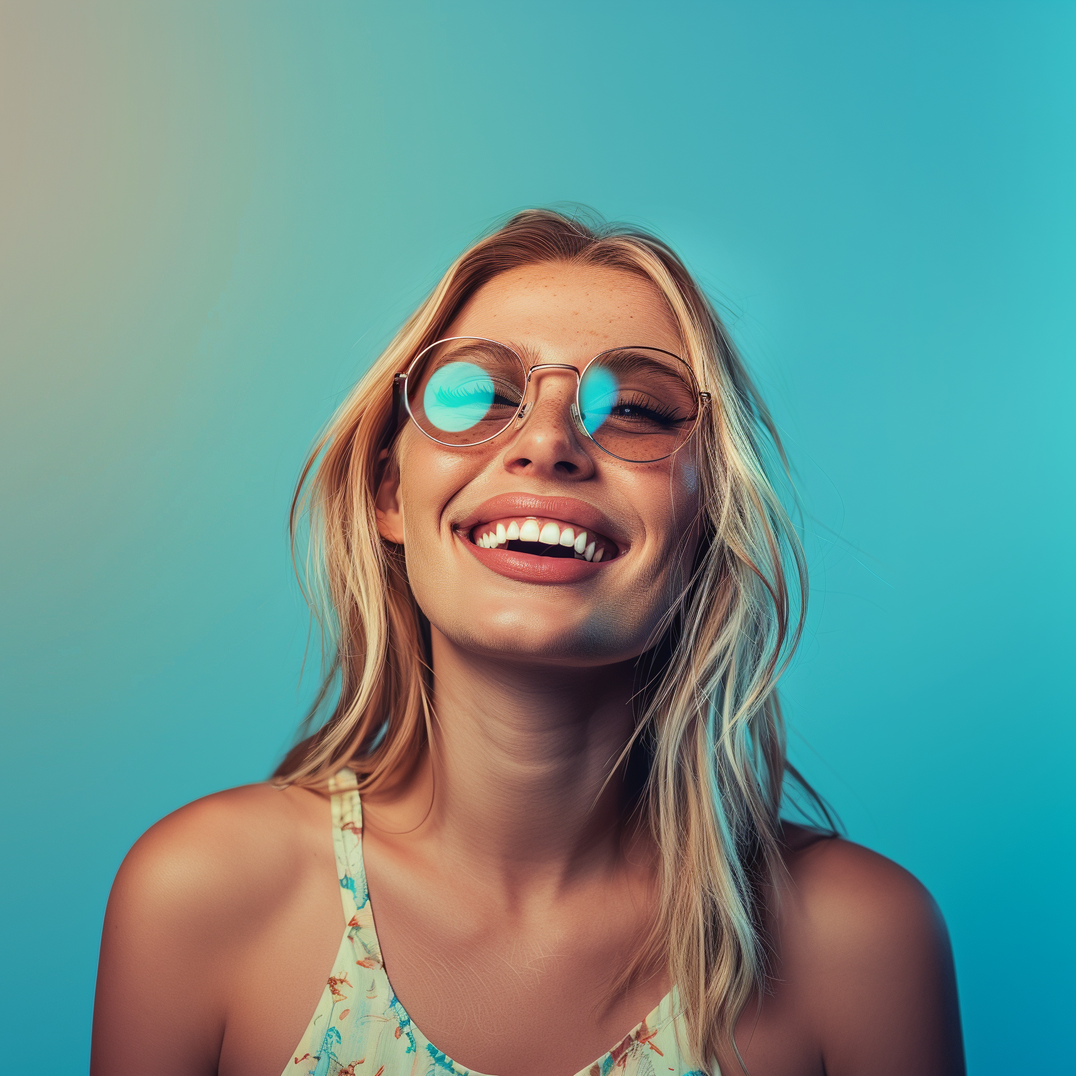 A woman wearing sunglasses is smiling and looking up