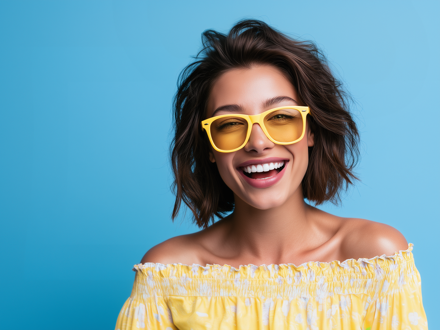 Smiling person in yellow sunglasses and off-shoulder yellow top against a blue background