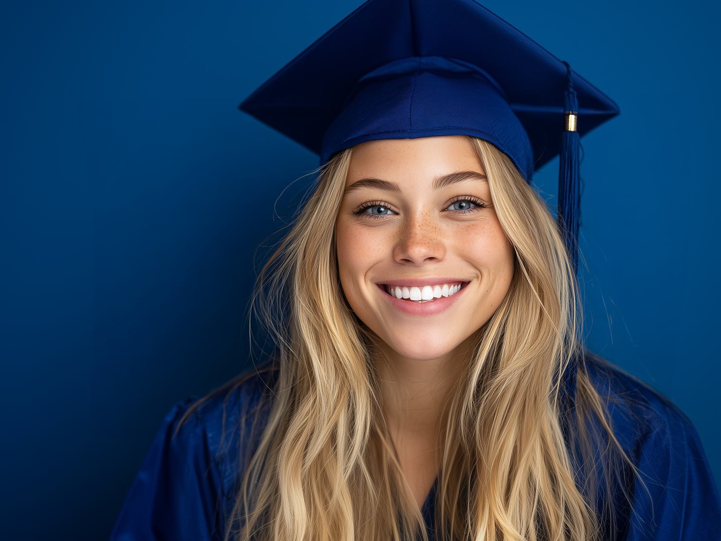Smiling graduate in a blue cap and gown against a blue background