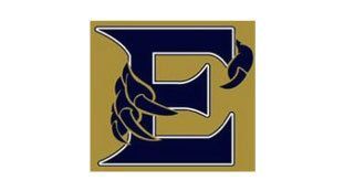 A blue and gold letter e with a celtic design on a white background.