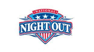 The logo for national night out is red , white and blue.