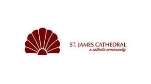 The logo for st. james cathedral is a shell with rays coming out of it.