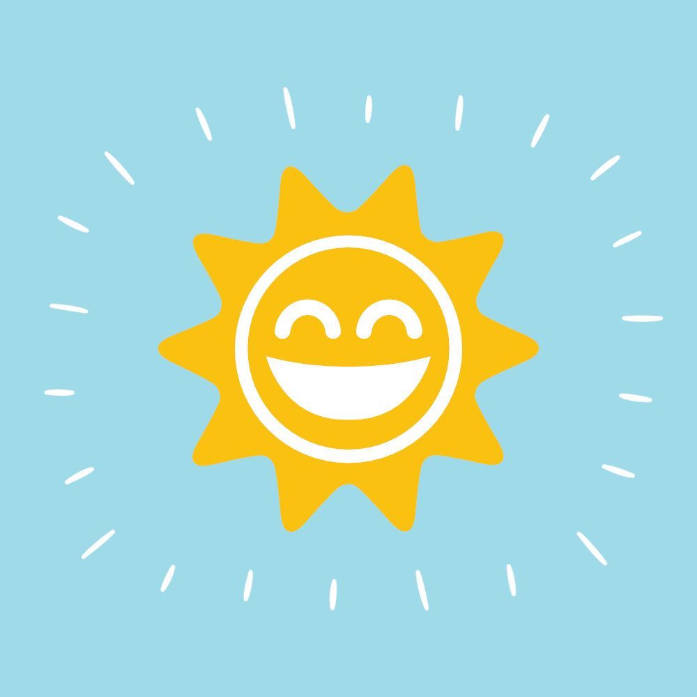 A sun with a smiling face on it on a blue background.