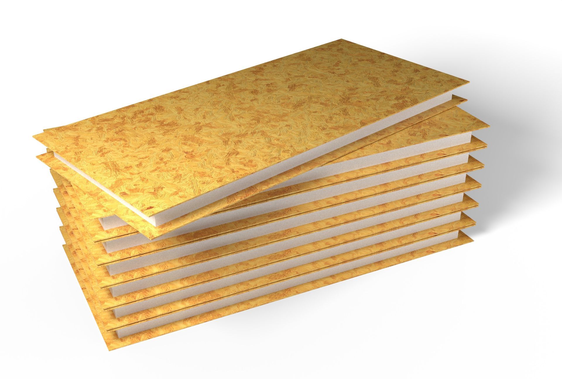 View of a stack of insulated wood panels with a white background.