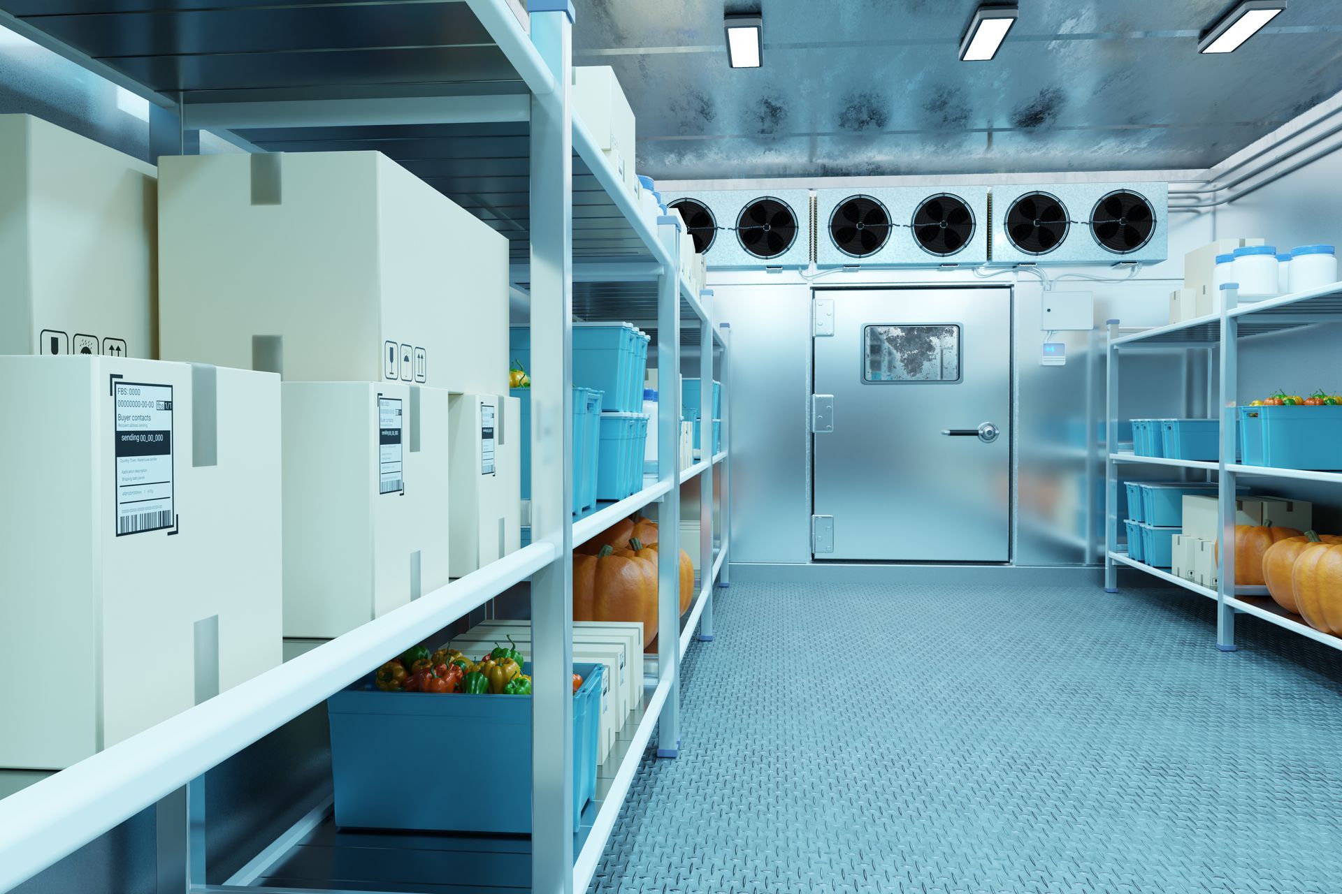 Organised industrial cold storage room with labelled boxes and fresh produce in plastic containers.