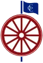 Red wheel with a blue flag featuring a white symbol above it on a white background