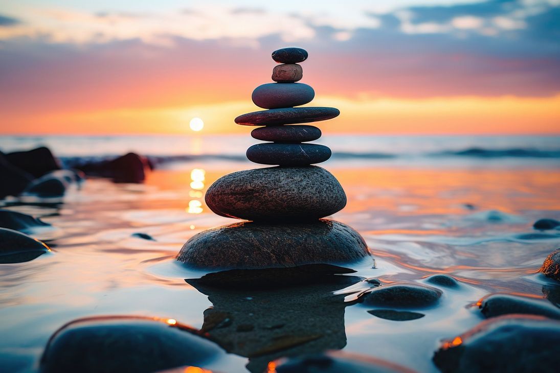 A pile of rocks stacked on top of each other on a beach at sunset.