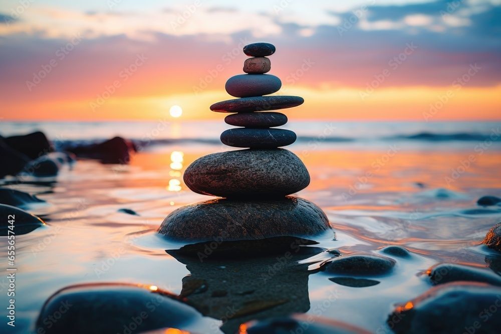 A pile of rocks stacked on top of each other in the water on a beach at sunset.