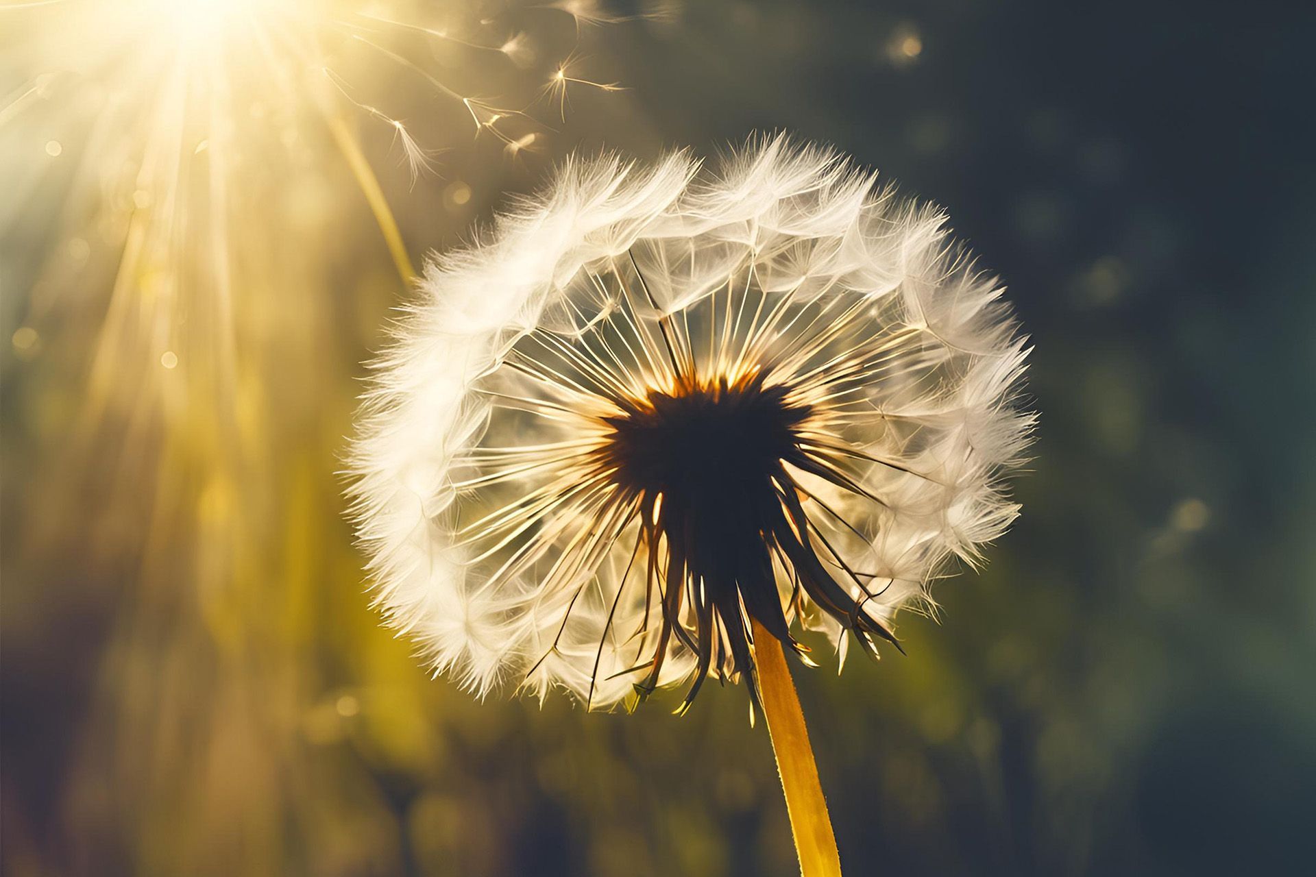 A close up of a dandelion with the sun shining through it.