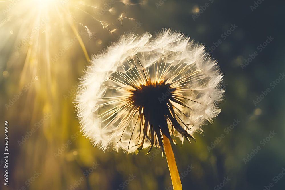 A close up of a dandelion with the sun shining through it.