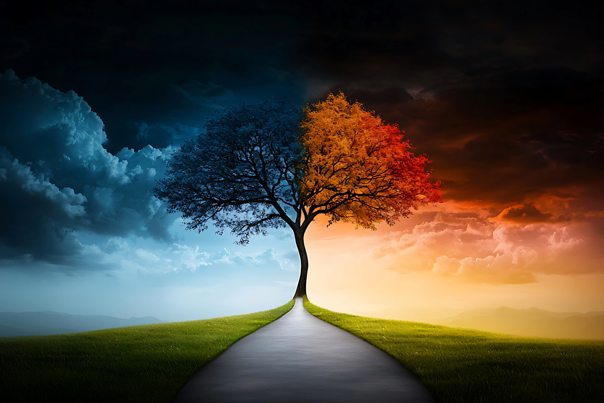 A tree with two different colored leaves is on the side of a road.