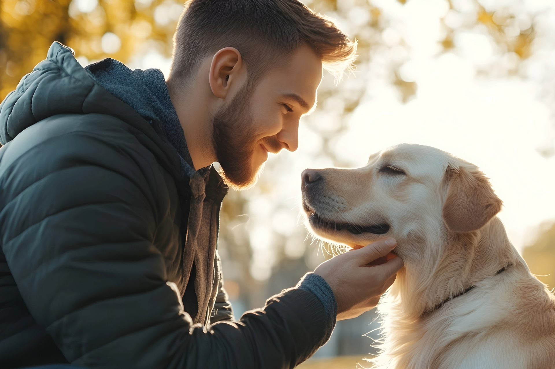 Man with beard smiling at golden retriever dog outdoors, petting its head.