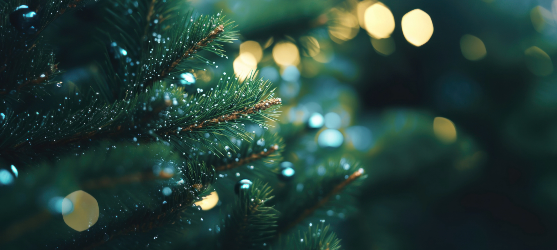 Close-up of evergreen tree branches with blurred yellow and blue Christmas lights.