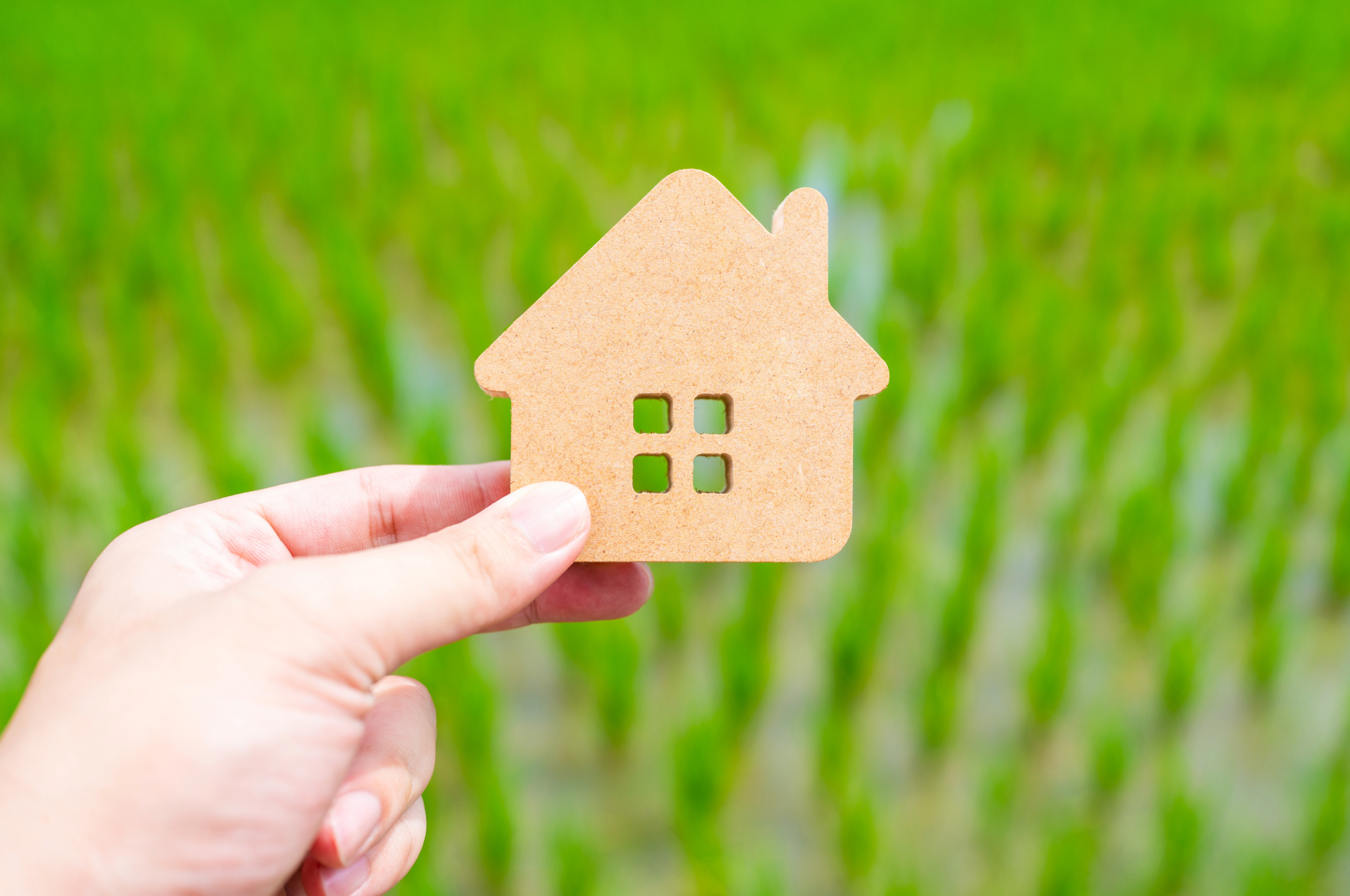 Hand holding a wooden house cutout against a blurred green field, symbolising home ownership.