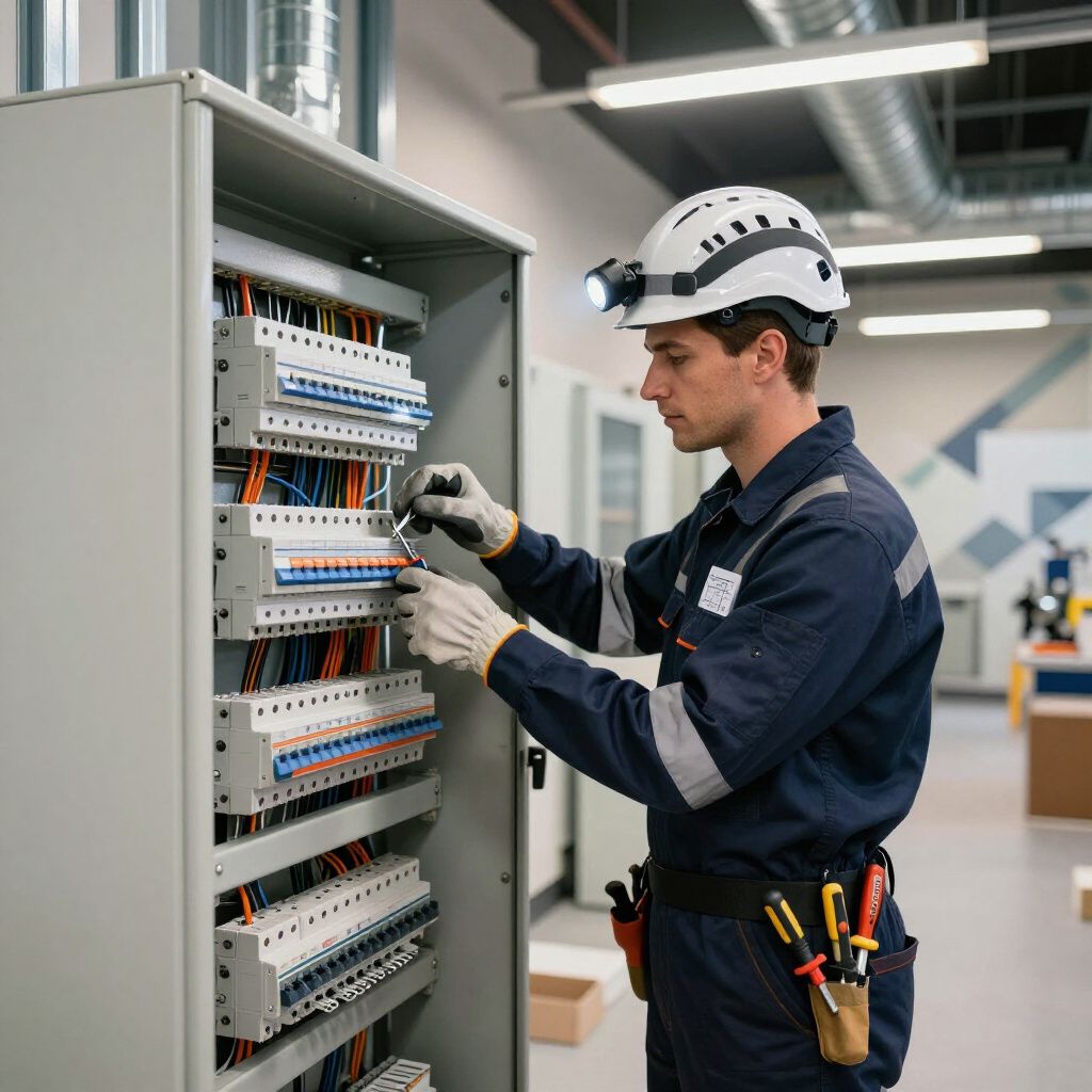 Elettricista al lavoro su un quadro elettrico, indossando un casco e una lampada in un ambiente industriale molto illuminato.